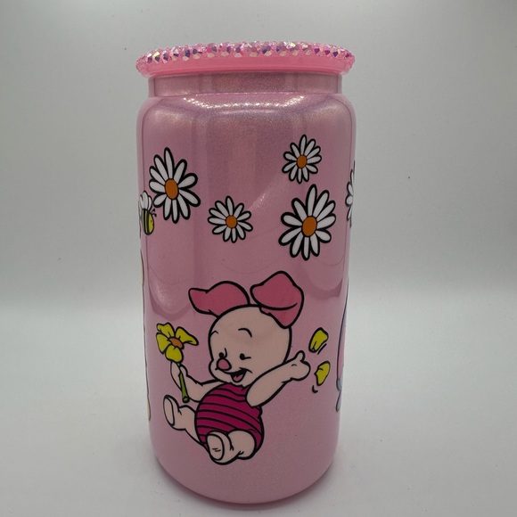 WINNIE THE POOH 16oz shimmer LIBBEY glass with rhinestone lid & straw - Picture 3 of 5